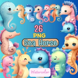 Ensemble de cliparts d'hippocampes colorés aquarelles PNG
