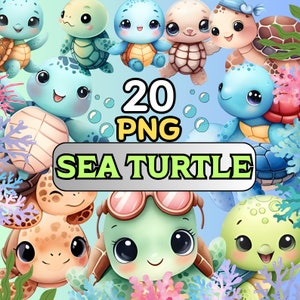 Cute Cartoon Sea Turtle Clipart Set - 20 PNG Files with Transparent Backgrounds