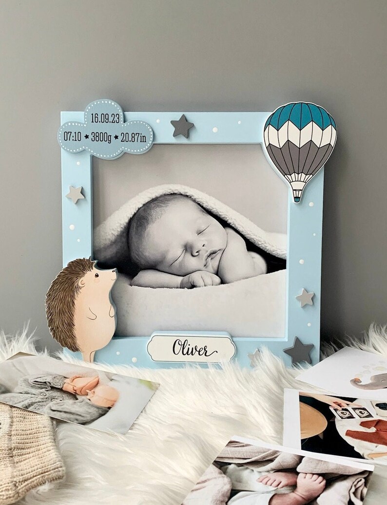 Personalised Wooden Baby Photo Frame With Cute Hedgehog, Child Metrica