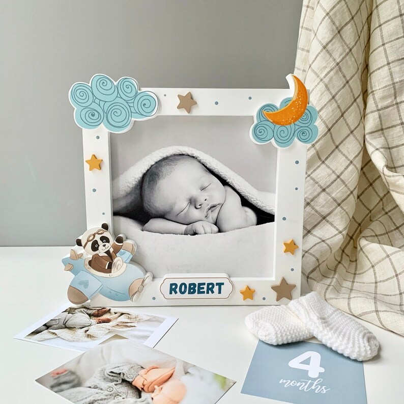 Personalised Wooden Baby Photo Frame With Panda in an Airplane, Child