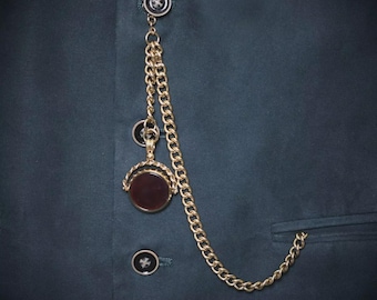 18ct Gold Plated Pocket Watch Albert Chain with Red Onyx Spinner