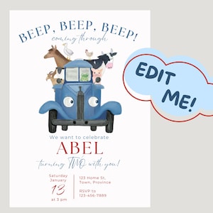 Peut inclure: Une invitation d'anniversaire bleue avec un camion de dessin animé transportant des animaux de la ferme. Le texte dit "BEEP, BEEP, BEEP! coming through" et "We want to celebrate ABEL turning TWO with you!" Inclut la date, l'heure et les informations RSVP.