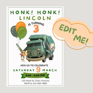 May include: A birthday party invitation featuring a cartoon garbage truck, balloons, and the text "HONK! HONK! LINCOLN IS TURNING 3." The invitation includes the date, time, and RSVP information.