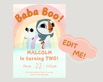 May include: A colorful birthday invitation with the text "Baba Boo!" and "Malcolm is turning TWO!" features cartoon birds and a rainbow. The invitation includes the date, time, and RSVP information, with a cloud-shaped "Edit Me!" graphic.