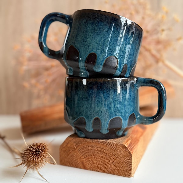 Taza de cerámica azul y negra hecha a mano con asa, 350 ml | Taza grande de cerámica hecha a mano | Taza de té/café XL, gres grande, hecha a mano