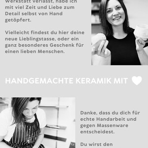 K&ouml;nnte beinhalten: Eine Schwarz-Wei&szlig;-Collage mit einer Person, die eine Keramiktasse h&auml;lt, und einer Person an einer T&ouml;pferscheibe. Der Text lautet: Jedes St&uuml;ck, das meine Werkstatt verl&auml;sst, habe ich mit viel Zeit und Liebe zum Detail selbst von Hand get&ouml;pfert. Vielleicht findest du hier deine neue Lieblingstasse, oder ein ganz besonderes Geschenk f&uuml;r einen lieben Menschen. HANDGEMACHTE KERAMIK MIT. Danke, dass du dich f&uuml;r echte Handarbeit und gegen Massenware entscheidest. Du wirst den Unterschied sp&uuml;ren!