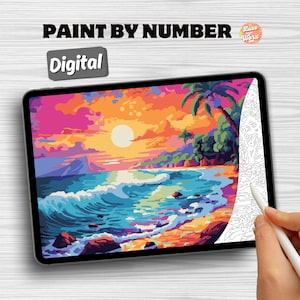 Digital Paint by Number Tropical Sunset Beach - Ocean Wave Painting Kit for Adults, Coastal DIY Wall Art, Seascape Coloring Page Download