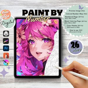 Malowanie po numerach Różowa postać anime cyfrowa | Kawaii kobieta kolorowanie po numerach | Japońskie arkusze do kolorowania anime | Kolorowanki fantasy kwiatowe