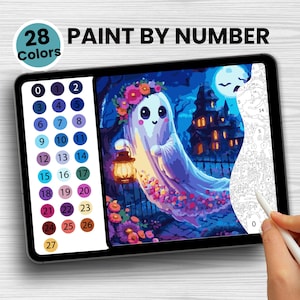 May include: A digital paint-by-number kit on a tablet. The image features a cartoon ghost with a lantern, set against a haunted house backdrop. The tablet shows 28 colours and the text "PAINT BY NUMBER".