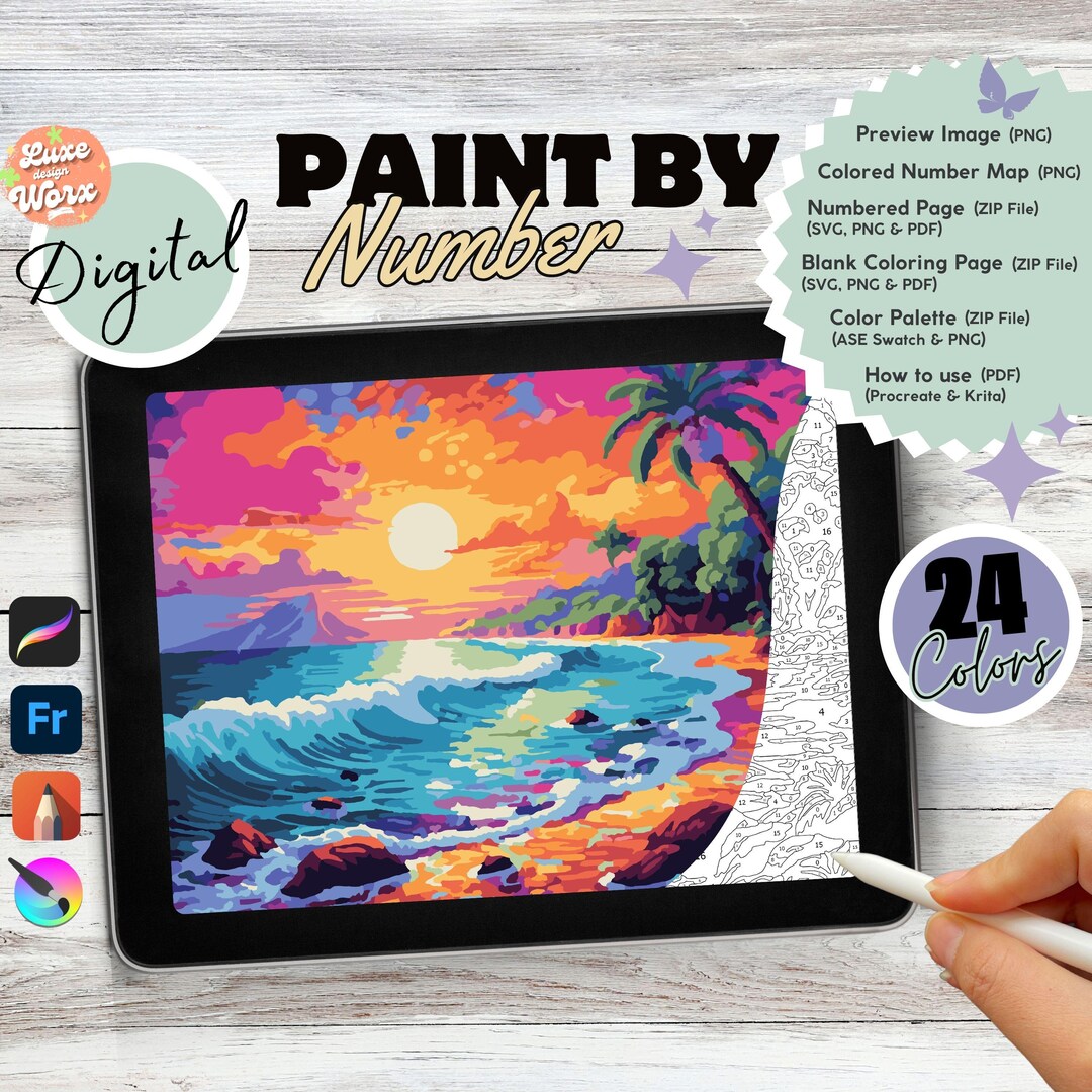 Paint by Numbers Ocean Beach Sunset Digital | Printable Nature Color by ...