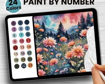 Aquarel bloemenweide digitale verf op nummer, bloemen natuur landschap DIY kleur op nummer voor volwassenen, veld bloemen kleurplaat