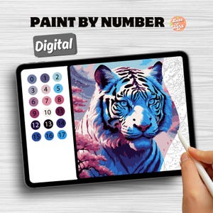 Digital Paint By Numbers White Tiger - Jungle Wildlife Animal DIY Color By Number For Adults, Bengal Tiger Printable Coloring Page