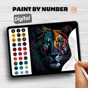 Digital Paint By Number Lion - Psychedelic Neon Lion Art, Safari Wild Animal DIY Color By Number, Abstract Animal Coloring Page for Adults