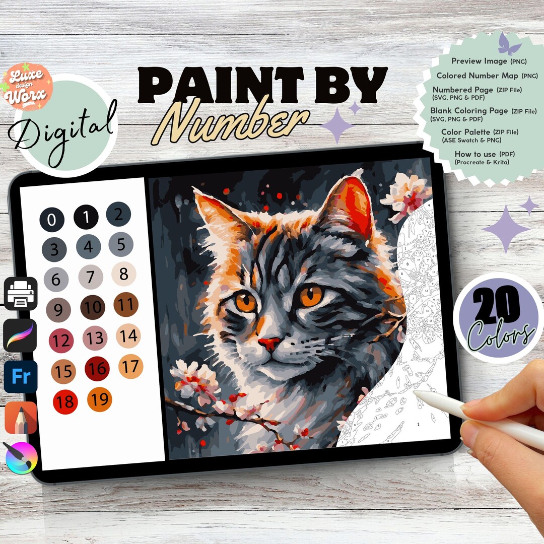 Paint by Numbers Floral Tabby Cat Digital | Animal Color by Number ...