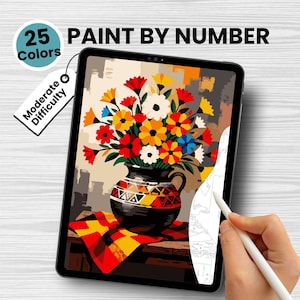 May include: A digital paint-by-number kit on a tablet, featuring a colorful floral arrangement in a black vase. The image includes the text "25 Colors" and "Paint by Number". A hand is using a stylus to paint the digital canvas. The difficulty level is "Moderate".