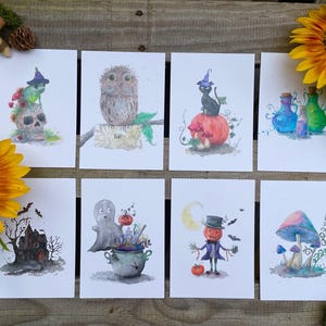 Halloween Karten, Set aus acht verschiedene Einladungskarten mit lustigen Halloween Motiven, gedruckt auf Postkarten im Format A6