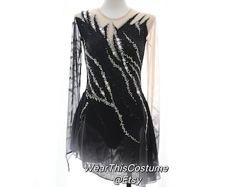 Vestido de patinaje artístico negro personalizado: Traje de competición/ Danza sobre hielo/ Vestido de patinaje sobre hielo/ Falda asimétrica/ Negro y plata/ Hecho a medida