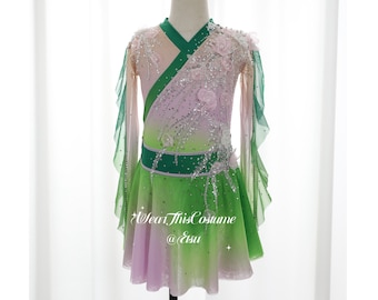 Customized Green Figure Skating Costume: Bespoke Dress/ Ice Skating Dress/Ice Dance Dress/Dance Dress/Custom Dress/  Pink and Green Dress