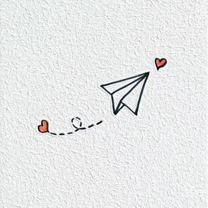 May include: A white paper airplane flies towards a red heart. A dashed line with a red heart at the end trails behind the airplane.
