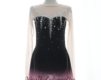 May include: A black and pink ombre figure skating dress with long sleeves. The bodice is embellished with rhinestones and a sheer neckline. The skirt has a layered design with a pink chiffon overlay. The text "WearThisCostume@Etsy" is visible.