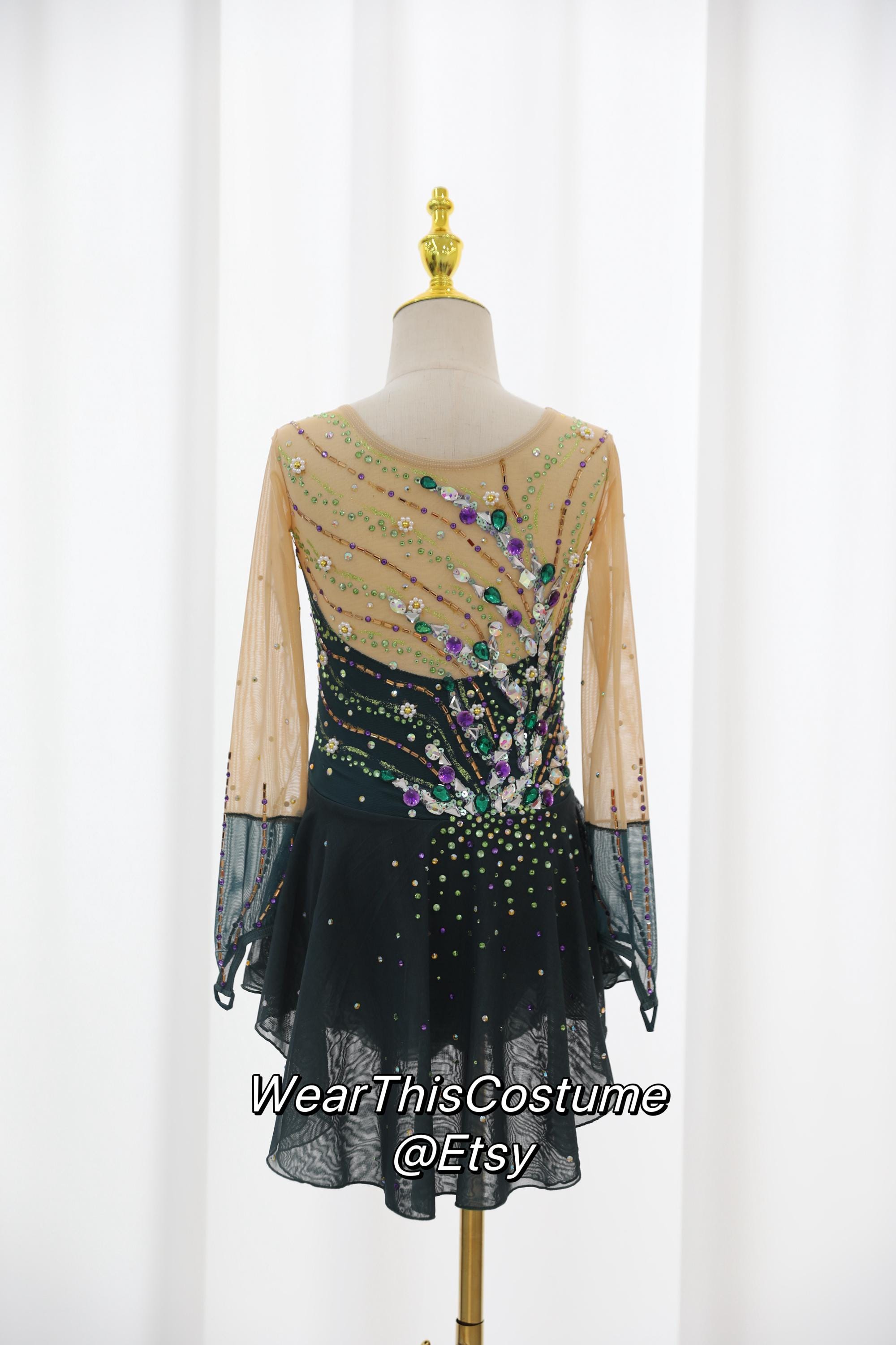 Robe De Patinage Artistique Compétition - Teinture Verte Avec Strass - Manches Longues - Tailles 6 à XL