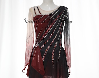 Vestido de patinaje artístico negro y rojo oscuro / Traje de danza sobre hielo personalizado / Vestidos de patinaje / Danza sobre hielo / Patines sobre ruedas / Volteo ecuestre