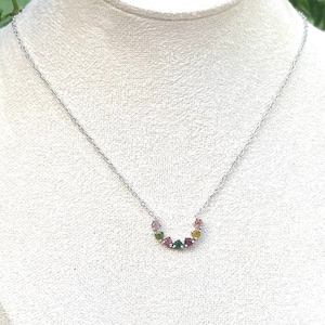Natural rainbow tourmaline necklace, colorful pink purple blue yellow green gemstone crystal charm silver necklace by WabiStone