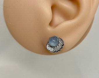 Natural Aquamarine pearl in shell studs earrings by WabiStone | Dainty Gemstone | blue, silver | Gift For Her