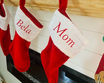 Bas de Noël personnalisés avec nom, bas de famille personnalisés, bas à monogramme, bas de Noël en velours rouge, cadeaux de Noël, décoration