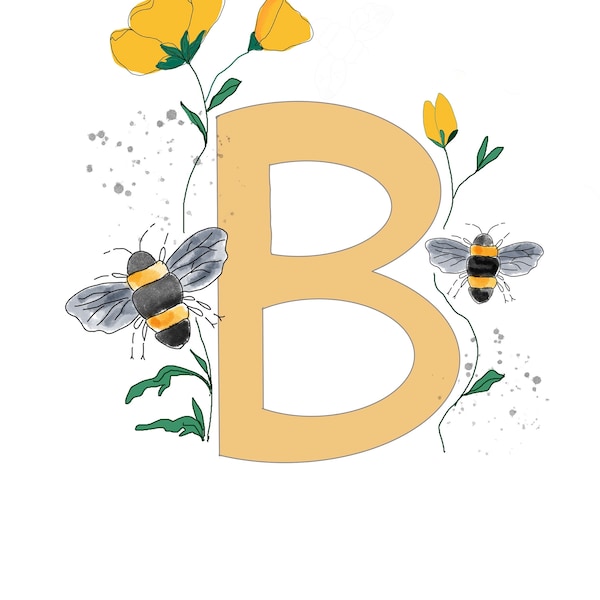 Alphabet print | letter b | bumble bee buttercup print | Personalised print gift