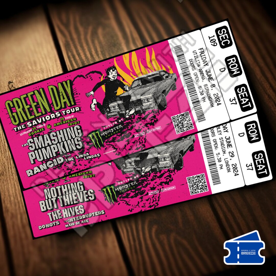 Printable Green Day Ticket the Saviors Tour 2024 Concert Show Pass