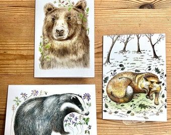 Set of 3 woodland animal cards badger, bear, foxy.