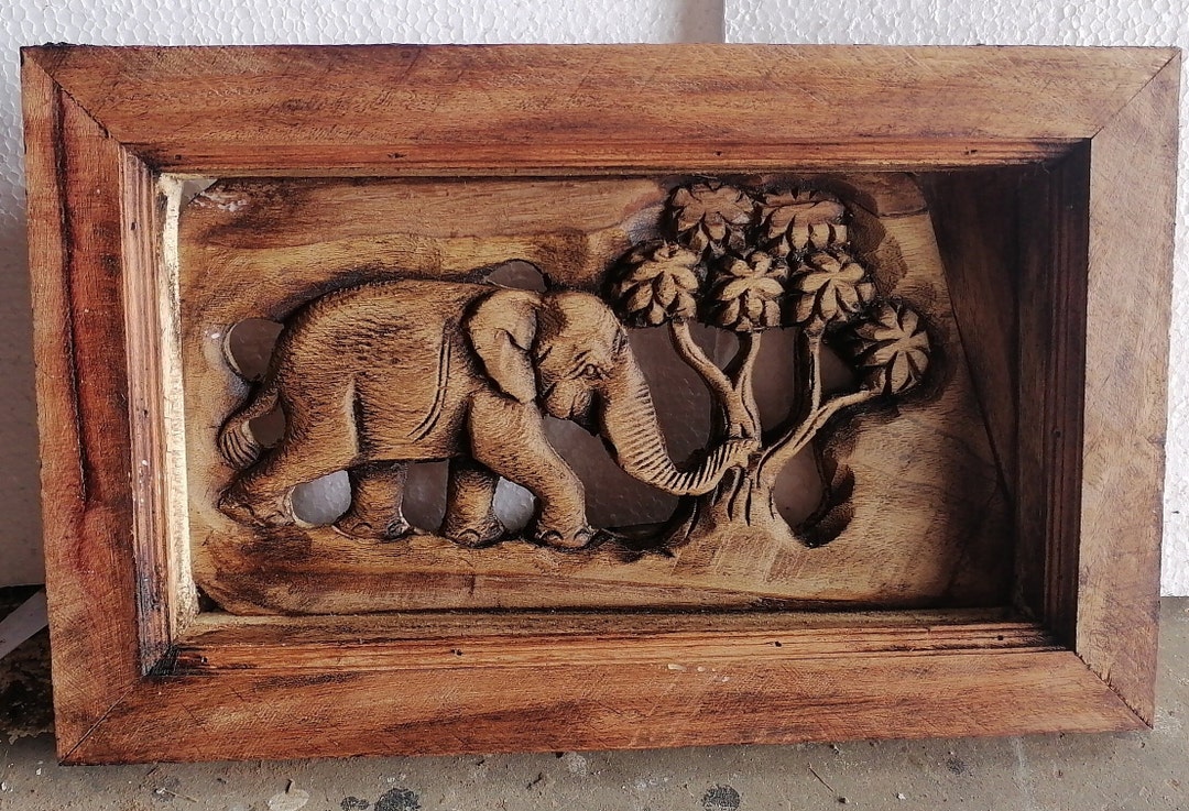 Natural Color Wall Art Hanging Wood Carving Panel 24 X 39 Cm Elephant ...