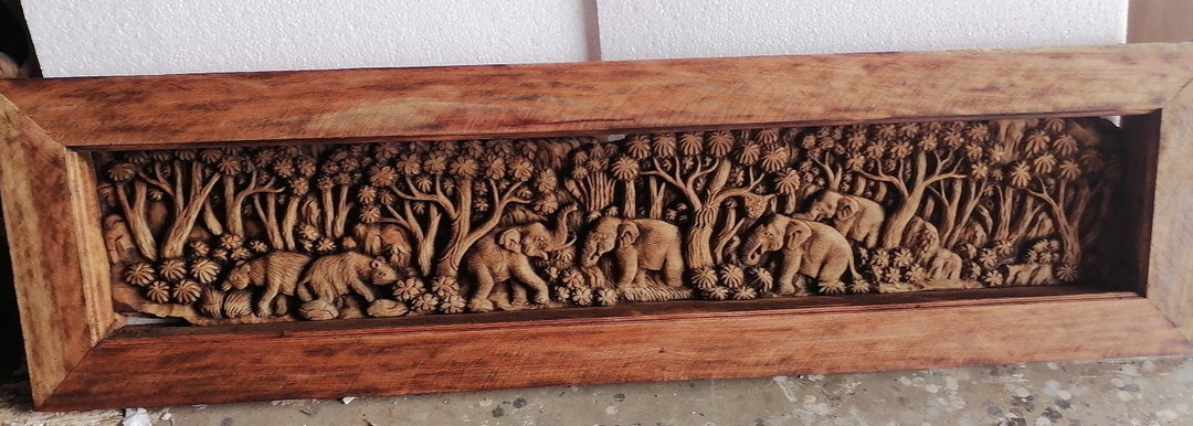 Natural Color Thai Elephant and Forest Wood Carving Panel - Handcrafted ...