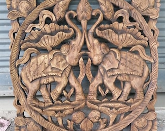 ヴィンテージ 手彫り 木製 象/木 壁掛け タイ アート 8インチ x 4 1/2