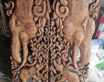 ヴィンテージ 手彫り 木製 象/木 壁掛け タイ アート 8インチ x 4 1/2
