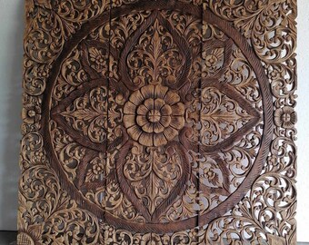 驚きの価格が実現！ Wash Brown in Panel Carving Wood Color Carved Wood Lotus アンティーク雑貨
