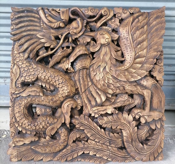 Traditional Thai Dragon and Pheonix Wood Carving Panel