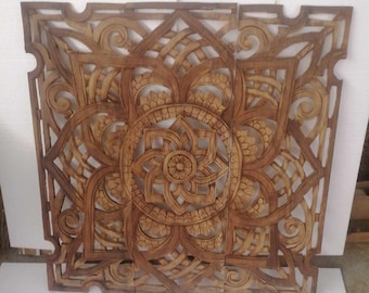 Mandala Wood Carved Panel Square Wooden Carved Plaque Wall Art Decor Handmade Wood Carving Panel 90 x 90 cm Lotus wood carve wall decor