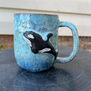 Hand-Thrown Orca Mug: Sculpted Orca, Ocean Glaze - 12oz