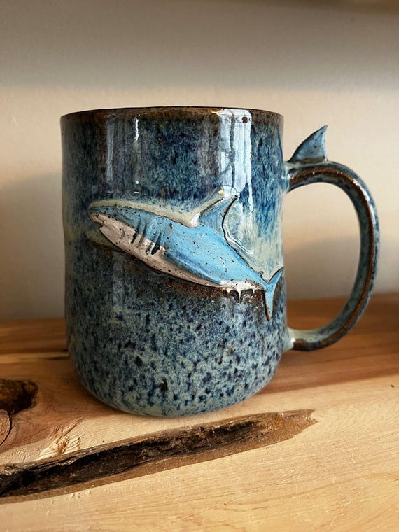 Handmade Shark Mug, Wheel Thrown Ocean Blue Stoneware with Sculpted Shark – Ceramic Mug – 14 oz