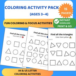 Preschool Shape Coloring Worksheets | Focus Activity Pack | Screen Free Printable for Kids Ages 3-4