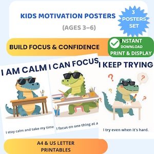 Op de afbeelding: Set van drie motivatieposters voor kinderen met cartoon alligators met zonnebrillen. De posters bevorderen focus en zelfvertrouwen met positieve zinnen. Inclusief A4- en US Letter printables.