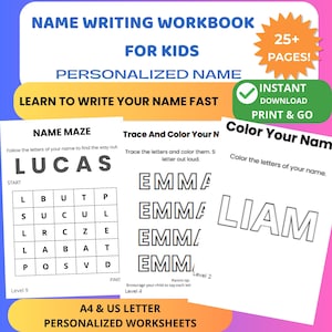 Hoja de trabajo personalizada para practicar la escritura de nombres / Libro de ejercicios personalizado para niños / Aprender a escribir nombres imprimible / Actividad de aprendizaje preescolar en PDF