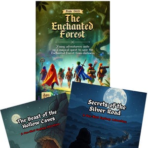Puede incluir: Tres libros de aventuras de fantasía para niños, con ilustraciones de aventureros, bosques y cuevas. Los títulos son "The Enchanted Forest", "The Beast of the Hollow Caves" y "Secrets of the Silver Road". Para edades de 7 a 12 años.