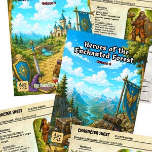 May include: A collection of role-playing game materials titled Heroes of the Enchanted Forest Volume 1 and 2, featuring illustrated covers with castles, swords, and shields, alongside character sheets for Flint Stoneheart, Kaia Swiftwind, and Ragnar Ironhide.