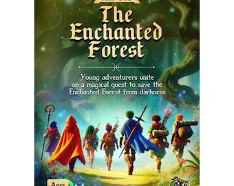 May include: A fantasy-themed board game box titled "The Enchanted Forest" with a group of adventurers walking through a forest. The box has the text "Kids' D&D" and "Ages 7-12". The adventurers are on a quest to save the forest.