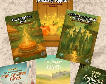 May include: A collection of six fantasy adventure books for kids, titled "Mega Adventure Set." Titles include "Andrews Amazing Apples," "The Great Pie Thief," and "Cheddar Doom at Moonmelt Keep." The books feature colorful illustrations and are designed for ages 5-12.