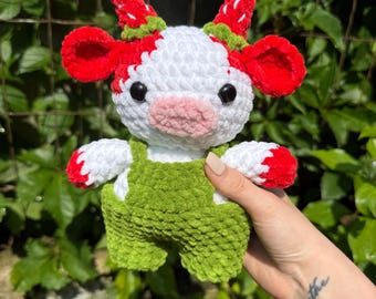 Strawberry Cow Plushie / Strawberry Cow wearing Overalls