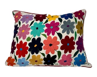 Hand embroidered Pillow, mexican embroidery, gift pillow, ready-to-ship, rainbow flowers, cotton textiles, Otomi unique art fabrics, 13"x17"